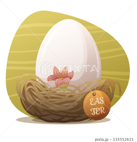 Decorative Easter egg in straw nest with wooden holiday tag 135552615
