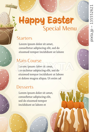 Happy Easter menu template with colorful eggs and festive dessert 135552621