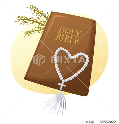 Holy Bible with rosary heart and palm branch in flat vector style 135552622