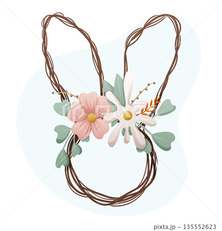 Spring bunny outline wreath made of branches and flowers Spring bunny outline wreath made of branches and flowers 135552623