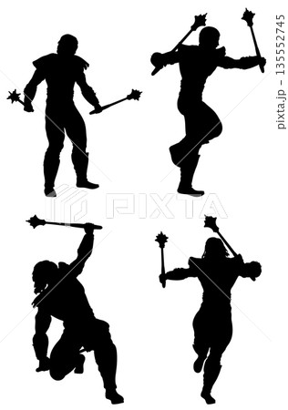 Silhouette of Warrior Wielding Dual Spiked Maces Silhouette of Warrior Wielding Dual Spiked Maces 135552745
