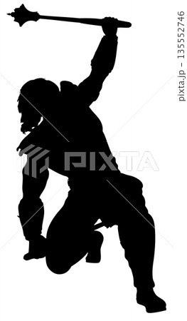 Silhouette of Warrior Wielding Dual Spiked Maces Silhouette of Warrior Wielding Dual Spiked Maces 135552746