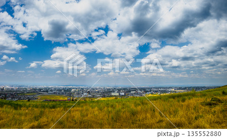 Expansive Bishkek cityscape with rolling hills and clouds in daylight 135552880
