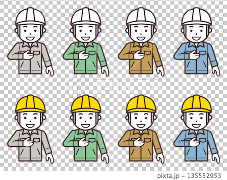 一個戴著頭盔、穿著工作服的男人的圖標，他手放在胸前，說著「交給我吧」。 135552953