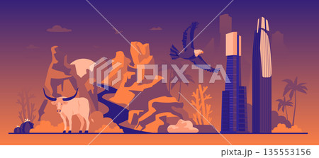 Desert Skyline And Wildlife - Colorful Flat Design Illustration Desert Skyline And Wildlife - Colorful Flat Design Illustration 135553156