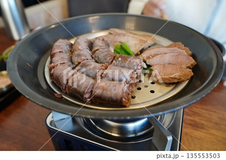 Assorted Korean traditional Sundae (blood sausage), a popular authentic street food platter Assorted Korean traditional Sundae (blood sausage), a popular authentic street food platter 135553503