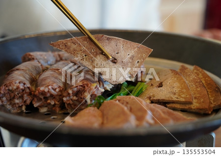 Assorted Korean traditional Sundae (blood sausage), a popular authentic street food platter Assorted Korean traditional Sundae (blood sausage), a popular authentic street food platter 135553504