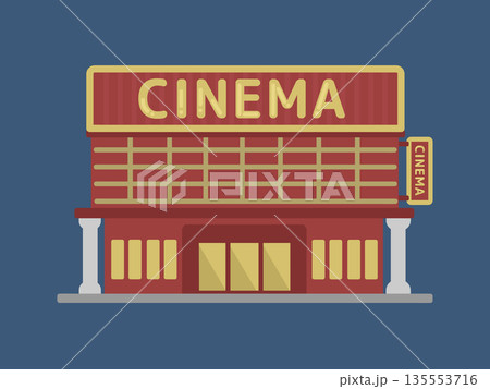 夜のクラシックな配色の映画館外観イラスト 135553716
