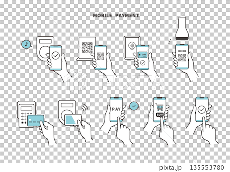 Simple line drawing illustration set for smartphone payment, QR code, and touch payment (blue) Simple line drawing illustration set for smartphone payment, QR code, and touch payment (blue) 135553780