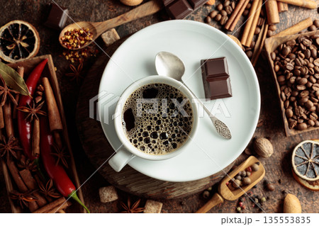Various spices and seasonings for making aromatic coffee-based drinks. 135553835