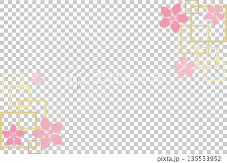 薄い黄色のたくさんの四角模様と桜のフレーム 135553952