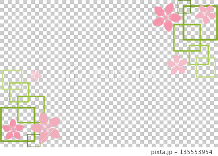 黄緑色のたくさんの四角模様と桜のフレーム 135553954