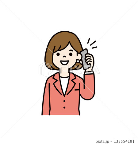 笑顔でスマートフォンで通話する、ビジネスウーマン・女性社員のベクターイラスト素材＿カラー 135554191