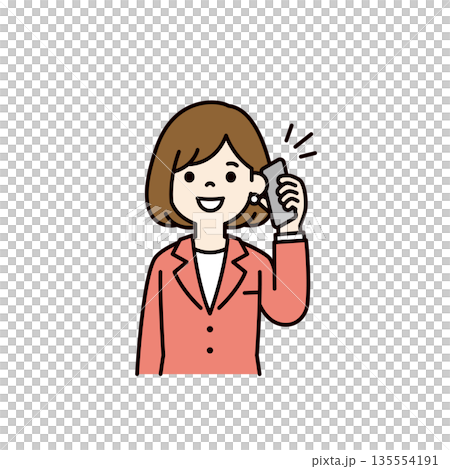 笑顔でスマートフォンで通話する、ビジネスウーマン・女性社員のベクターイラスト素材＿カラー 135554191