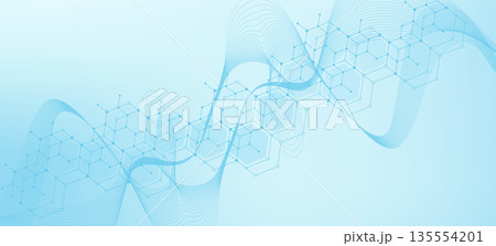 Health care or medical abstract background with hexagons, lines and dots. Scientific innovation banner template concept. Biology and pharmaceutical technology background. Vector illustration. 135554201