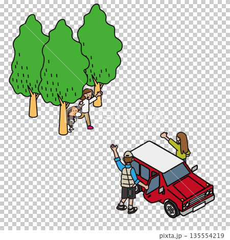 描繪一家人享受戶外時光的人物和汽車插圖素材 135554219