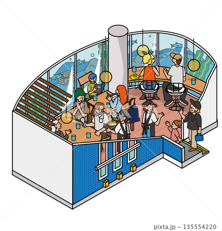 水槽を眺めながら食事ができるレストランのイメージイラスト素材 135554220