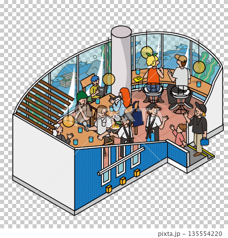 水槽を眺めながら食事ができるレストランのイメージイラスト素材 135554220