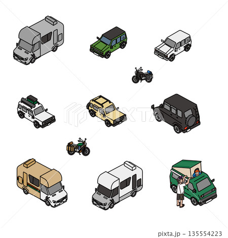 アウトドアや旅行シーンで使える車とバイクのイラスト素材セット 135554223