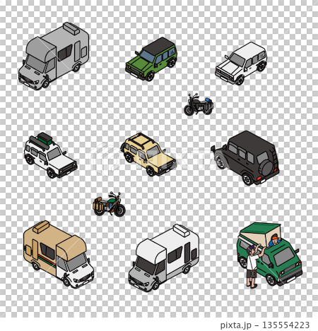 アウトドアや旅行シーンで使える車とバイクのイラスト素材セット 135554223