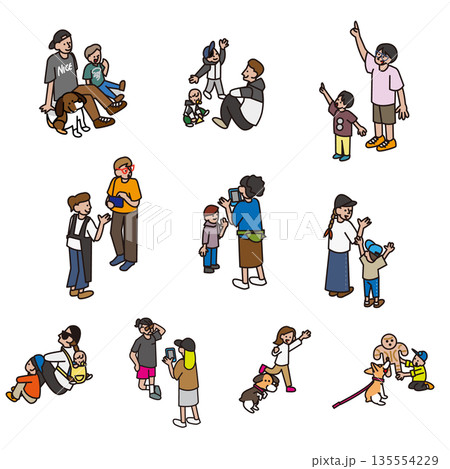 日常生活のさまざまな場面を描いた人物と犬のイラスト素材セット 135554229