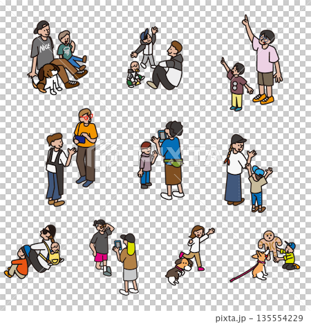 日常生活のさまざまな場面を描いた人物と犬のイラスト素材セット 135554229