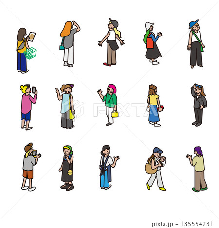外出や街歩きシーンで使えるさまざまな女性の人物イラスト素材セット 外出や街歩きシーンで使えるさまざまな女性の人物イラスト素材セット 135554231