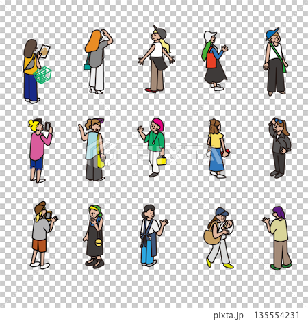 A set of various female character illustrations that can be used for outings and walking around town scenes 135554231
