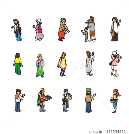 日常のさまざまな行動をする女性の人物イラスト素材セット 135554232