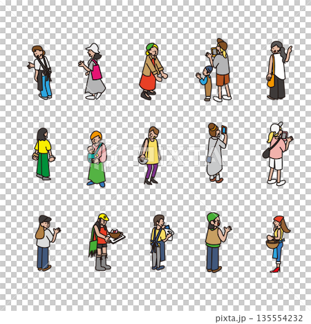 日常のさまざまな行動をする女性の人物イラスト素材セット 135554232