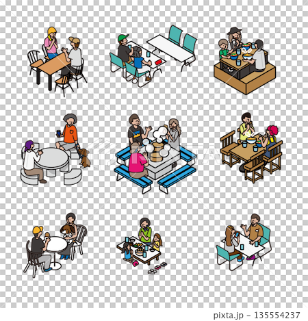 一組描繪人們圍坐在餐桌旁用餐和交談的日常場景的插畫。 135554237