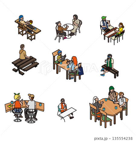 テーブルやベンチで座って過ごす人々の休憩・会話シーンのイラスト素材セット 135554238