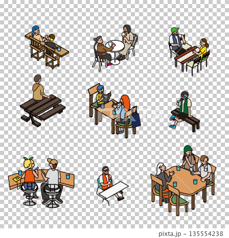 Illustration set of people sitting at tables and benches, resting and talking scenes 135554238