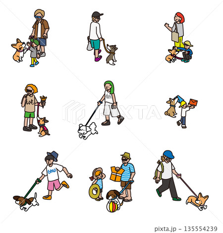 犬と飼い主の日常シーンを描いた人物イラスト素材セット 犬と飼い主の日常シーンを描いた人物イラスト素材セット 135554239