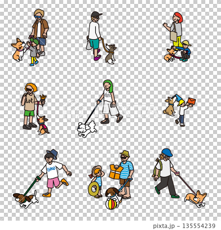 犬と飼い主の日常シーンを描いた人物イラスト素材セット 犬と飼い主の日常シーンを描いた人物イラスト素材セット 135554239