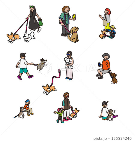 犬と飼い主の散歩やふれあいシーンを集めた人物イラスト素材セット 135554240