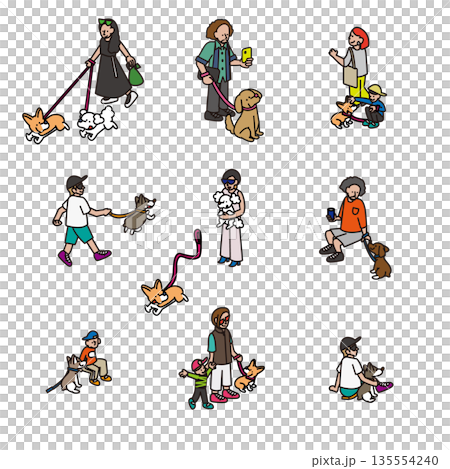 犬と飼い主の散歩やふれあいシーンを集めた人物イラスト素材セット 135554240