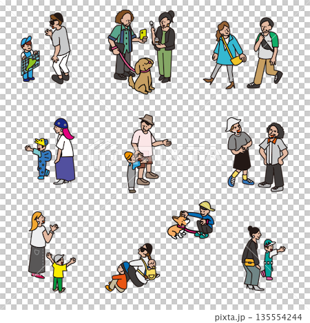 A set of illustrations depicting various communication scenes in everyday life 135554244