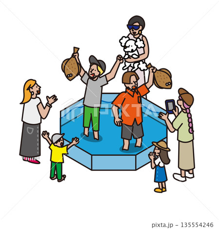 手掴みで魚を取る体験イベントを楽しむ人々のイラスト素材 135554246