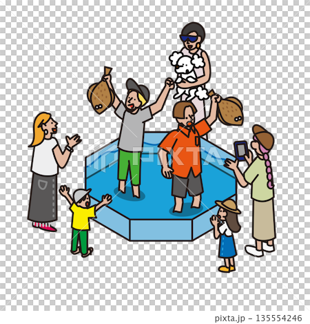手掴みで魚を取る体験イベントを楽しむ人々のイラスト素材 135554246
