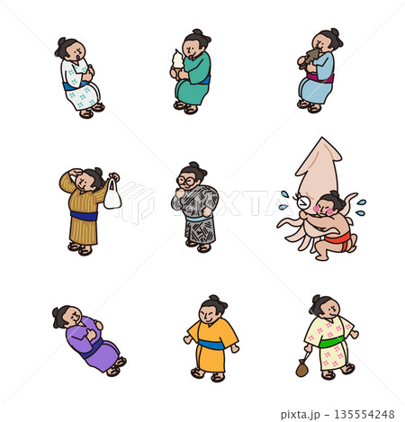 相撲力士の日常や行動をかわいく描いたイラスト素材セット 135554248