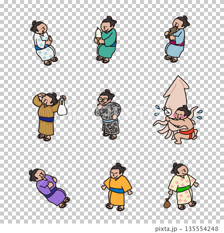 相撲力士の日常や行動をかわいく描いたイラスト素材セット 135554248