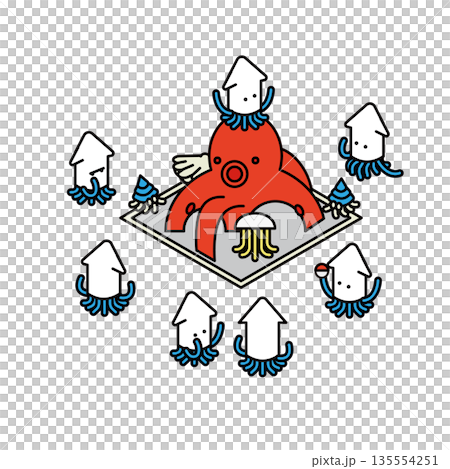 可愛的章魚和魷魚角色插圖 135554251