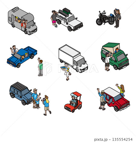 アウトドアシーンで使える車と人物の組み合わせイラスト素材セット アウトドアシーンで使える車と人物の組み合わせイラスト素材セット 135554254