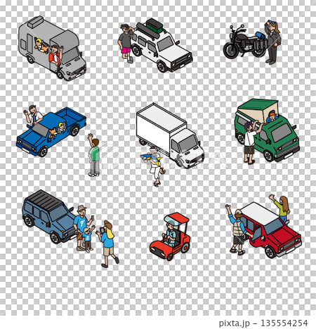 アウトドアシーンで使える車と人物の組み合わせイラスト素材セット アウトドアシーンで使える車と人物の組み合わせイラスト素材セット 135554254