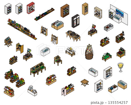 店舗や売り場で使われるさまざまな什器・陳列棚のイラスト素材セット 店舗や売り場で使われるさまざまな什器・陳列棚のイラスト素材セット 135554257