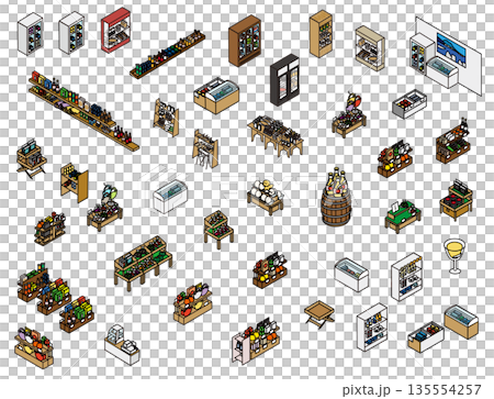 店舗や売り場で使われるさまざまな什器・陳列棚のイラスト素材セット 店舗や売り場で使われるさまざまな什器・陳列棚のイラスト素材セット 135554257