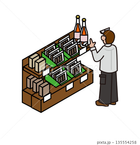 売り場でお酒や食べ物を選ぶ人の買い物シーンイラスト素材 売り場でお酒や食べ物を選ぶ人の買い物シーンイラスト素材 135554258