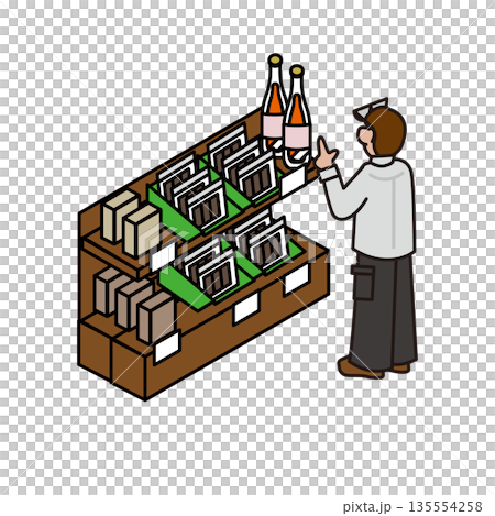 購物場景插圖,描繪了一個人在銷售區挑選酒水和食物的情景。 購物場景插圖,描繪了一個人在銷售區挑選酒水和食物的情景。 135554258