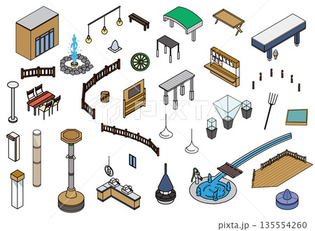 公園や屋外施設で使われる遊具・設備・什器のイラスト素材セット 公園や屋外施設で使われる遊具・設備・什器のイラスト素材セット 135554260